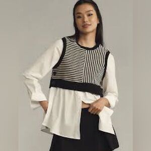 Anthropologie Maeve Long-Sleeve Linen Twofer Sweater Vest Top